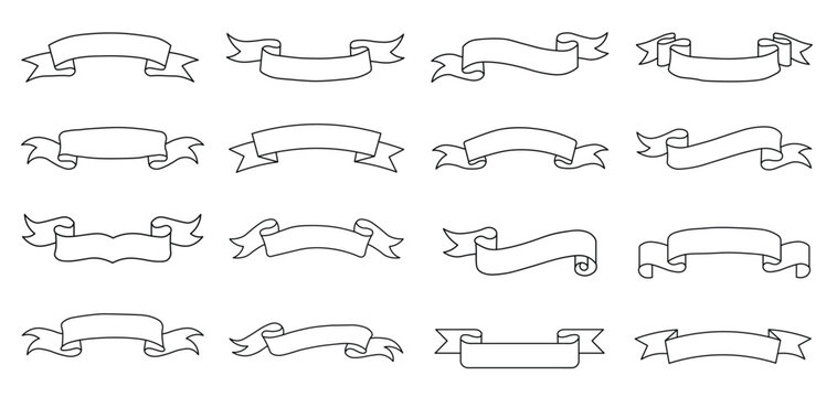 Black Line Drawn Ribbon Banner Collection on White Background for Web Design Decorative Label Badge Scroll Frame and Graphic Elements Vector Illustration Set