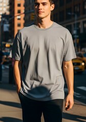 Fototapeta premium Gray T Shirt Mockup Male Model Walking Urban Street