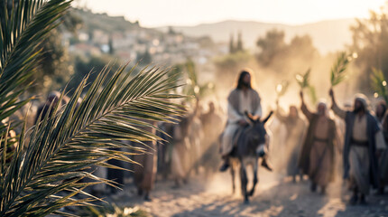 Naklejka premium Palm Sunday - Jesus Christ Entering Jerusalem on Donkey with People Waving Palm Branches, Biblical Scene