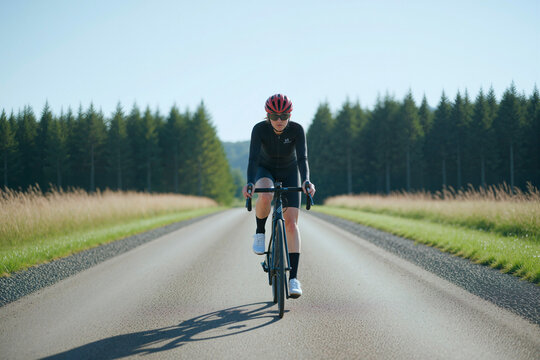 Full length shot of young adult woman cycling on rural road, training for endurance fitness and active lifestyle. Suitable for sports marketing, wellness campaigns, outdoor exercise content
