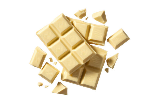 White chocolate bars and chunks with grid pattern chocolate chunks isolated on a transparent background