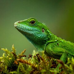 Obraz premium A close-up macro image of a green iguana resting on a tropical branch.
