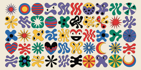Obraz premium Colorful abstract pattern, featuring an eclectic collection of organic and geometric shapes with a vibrant retro-modern aesthetic, creates a dynamic and engaging visual background for creative design.