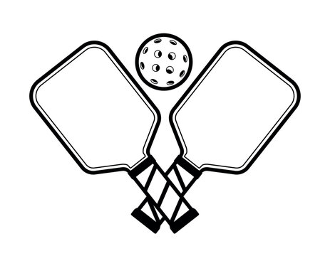 Pickeball Paddle with Ball in Black Line Icon for Sport Equipment in Flat Vector Illustration