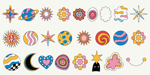 Fototapeta premium Collection of abstract retro celestial and floral doodle shapes featuring planets, stars, moons, and hearts rendered in a limited pastel color palette on white background.