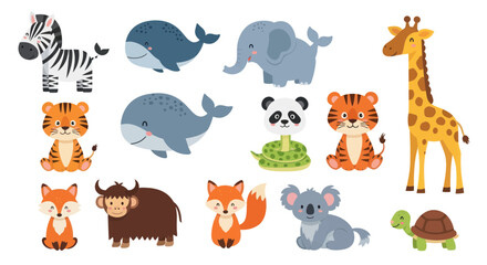 Fototapeta premium Cute Cartoon Animals Collection - Zebra, Elephant, Giraffe, Tiger, Panda, Fox, Koala, Yak