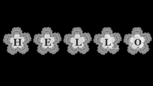 4K elegant grey typography reveal animation, word HELLO appearing letter by letter on ornate grey floral star-shaped frame, luxury decorative badge style, cinematic intro motion graphic