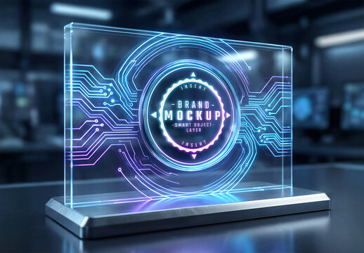 Digital Neon Logo on Futuristic Display Stand Mockup
