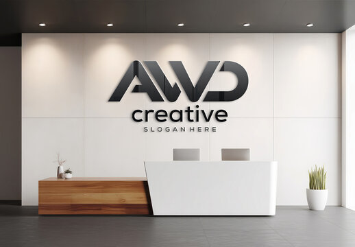 Glossy 3D Logo On White Office Wall Mockup