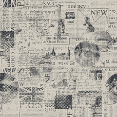 Fototapeta premium Vector seamless pattern with UK or London. Page of newspaper or magazine with headings, landmark, british flag and unreadable text. Retro style. Wallpaper, wrapping paper or fabric. T-shirt. No ai