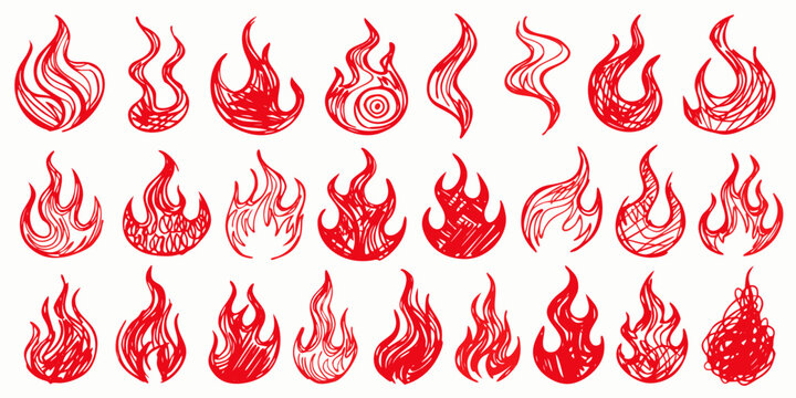 Set of twenty-one detailed red flame icons sketched in a uniform hand-drawn style presented in three organized rows against a plain white background for easy selection.