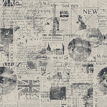 Vector seamless pattern with UK or London. Page of newspaper or magazine with headings, landmark, british flag and unreadable text. Retro style. Wallpaper, wrapping paper or fabric. T-shirt. No ai