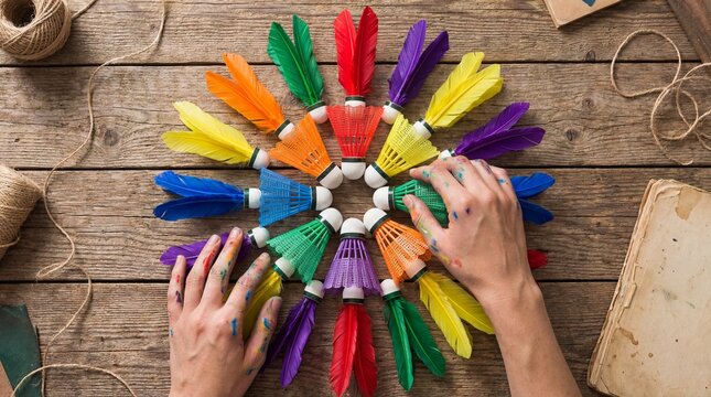 Top-Down View of Hands Arranging a Set of Vibrant Colorful Badminton Shuttlecocks