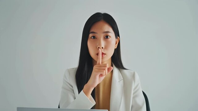 A woman gestures for silence with her finger to her lips.