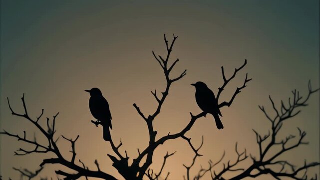 Two silhouettes of birds perched on bare tree branches against a muted sky.