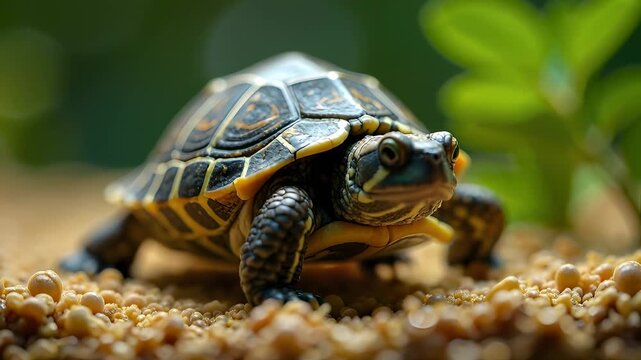 This video footage captures a close-up view of a turtle crawling on a sandy surface, surrounded by lush greenery. Ideal for nature documentaries, wildlife projects, and educational content.