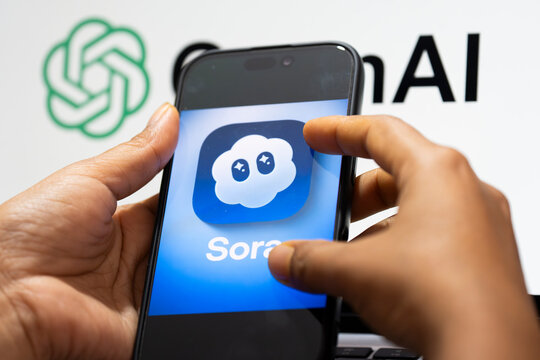 In this photo illustration, a smartphone displays the Sora AI logo in landscape orientation, with the OpenAI logo visible in the background