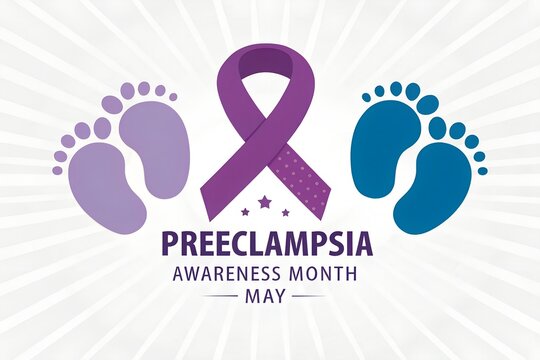 A poignant illustrative design recognizing preeclampsia awareness month in may featuring a prominent purple ribbon and symbolic baby footprints representing the critical impact of this serious pregnan