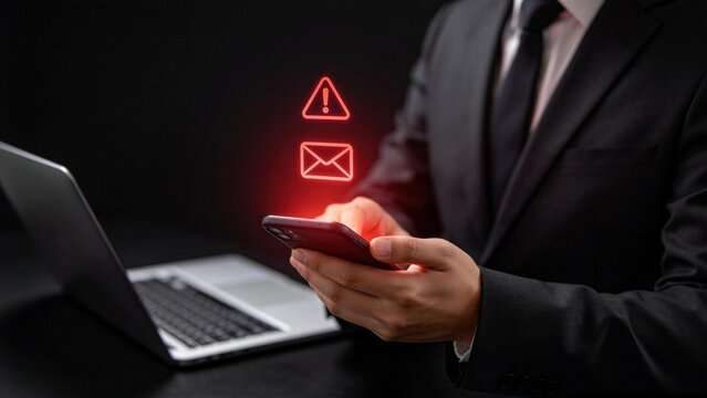 Businessman checking smartphone with red alert notification icons,cybersecurity warning concept highlighting email phishing scam and data breach risk in corporate environment