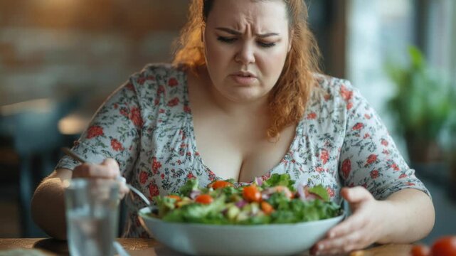 Sad plus-size woman feeling disgusted while eating a bowl of healthy green salad in a restaurant