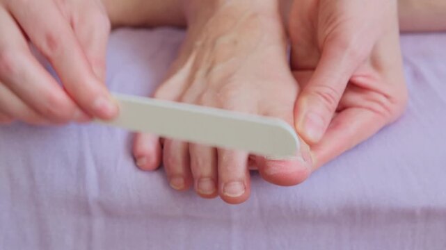 A woman polishing her nails at home. Filing toenails close-up. Home pedicure, no face visible.