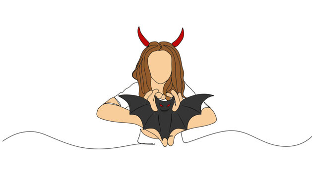 A cartoon devil girl holding a black bat with red horns