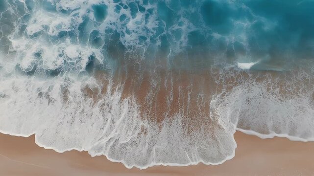 An aerial view captures the dynamic intersection of crashing ocean waves and a sandy beach.