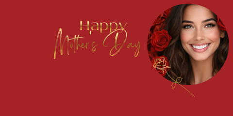 A luxurious greeting card, banner for Mother's Day with golden inscription Happy Mother's Day and portrait of a young woman among red roses in a frame on a red background with copyspace