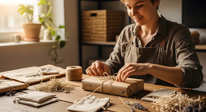 Woman wrapping gifts, eco-friendly packaging, sustainable living, crafty workspace