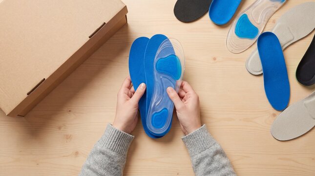 Top-Down View of Hands Arranging a Pair of Blue Silicone Gel Insoles