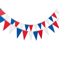 Obraz premium Colorful triangular bunting flags in red white and blue pattern isolated on transparent background
