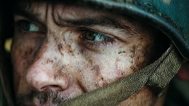 Traumatized soldier with dirty face and helmet staring intensely, showing the horror of war