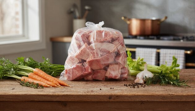 Raw beef bones in packaging with fresh mirepoix