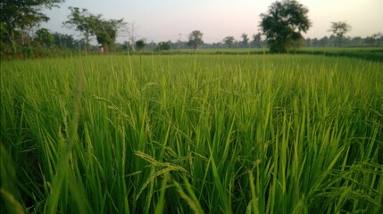 Fototapeta premium Lush Green Rice Paddies Under Bright Sunlight