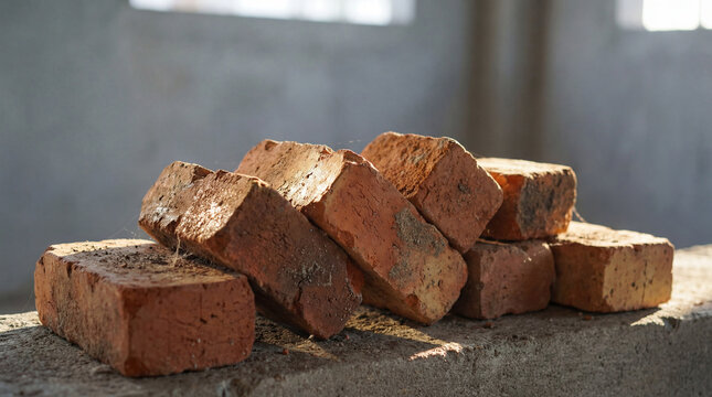 Rustic red bricks piled on concrete, essential building material for any construction or DIY project