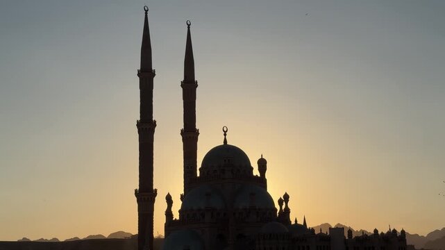 Sharm el sheikh, Egypt -MARCH 10, 2026: Al sahaba mosque silhouette during sunset in egypt