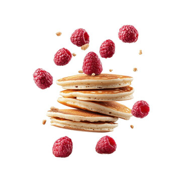Raspberry pancakes flying and isolated on a white background, adding a playful and dynamic effect. cutout PNG