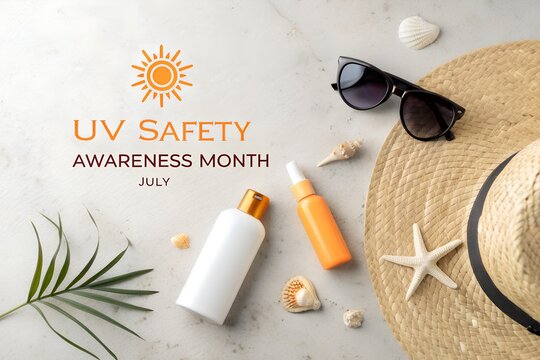 A flat lay composition highlights the importance of UV Safety Awareness Month in July, featuring essential sun protection items like sunscreen bottles, a wide-brimmed straw hat, and stylish sunglasses