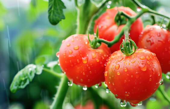 Fresh ripe red tomatoes growing on vine in greenhouse garden with crystal clear water droplets under rain