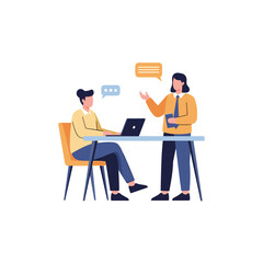 Fototapeta premium Two business professionals engaged in a conversation while reviewing data on a laptop computer on white background. on white background