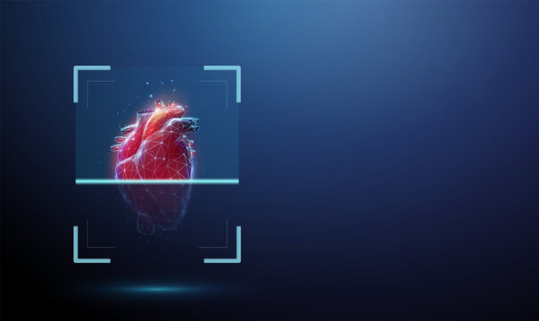 3d red human heart inside digital scanning frame Cardiac examination, cardiovascular diagnostics, disease detection, coronary artery assessment, blood flow monitoring concept.