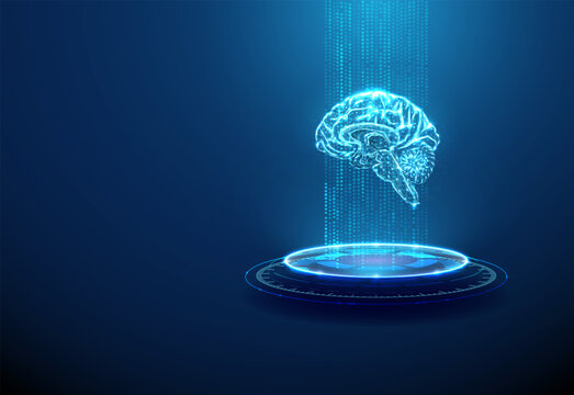 Blue 3d human brain on futuristic podium in data stream. AI, neuroscience research, advanced healthcare technology, human intelligence innovation concept.