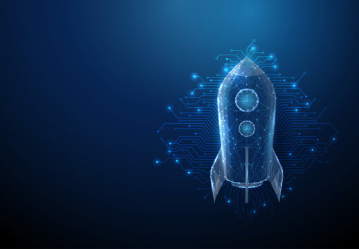 3d rocket with circuit lines. Innovation, technology, startup growth, digital transformation, high-tech, space technology, digital progress concept.