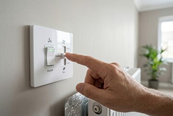 Naklejka premium Hand selecting medium eco fan speed near insulated radiator showcasing efficient home heating control and household energy saving solution
