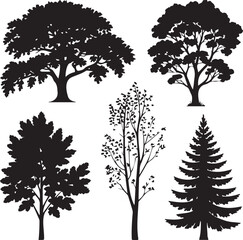 Obraz premium Five distinct black and white silhouettes of various tree types in a flat design