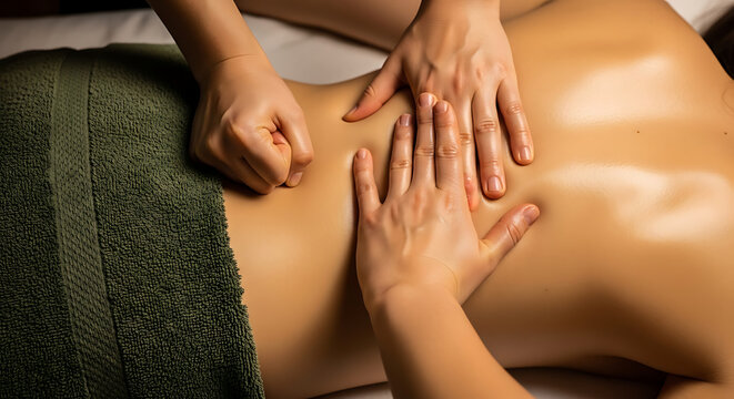 back massage, therapist hands on bare back, spa treatment