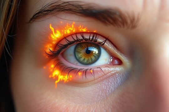 The effects of workplace strain on eye health: A detailed image of a woman's eye exhibiting symptoms of burning pain, spasm, and fatigue, indicative of cataracts.