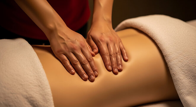 Massage therapist giving back massage with hands on bare back