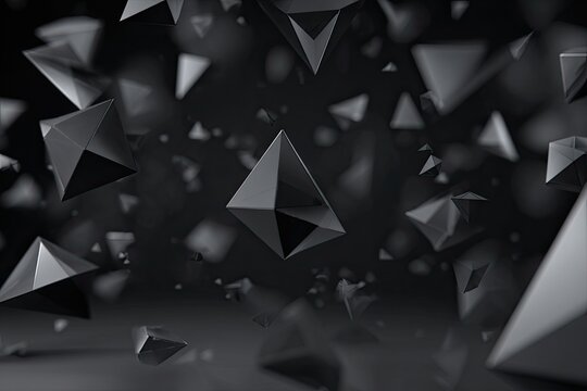 Abstract arrangement of dark, glossy, tetrahedral shapes floating against a soft, blurred background