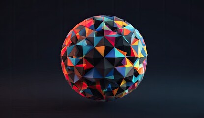 Obraz premium Sphere formed from multicolored polygonal triangles on a dark, shadowy background